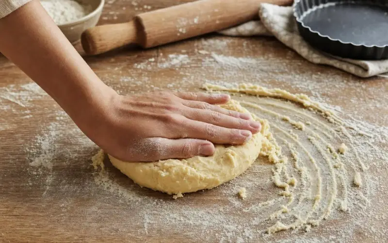 Main d'une personne travaillant une pâte brisée sur une table en bois, entourée de farine, d'un rouleau et d'un moule à tarte.